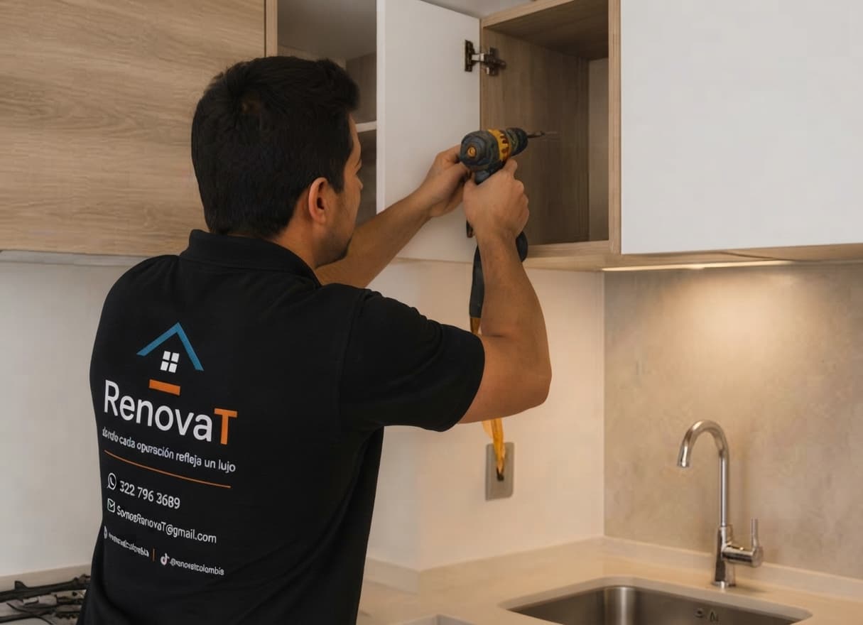 Profesional de RenovaT Colombia instalando un mueble de cocina